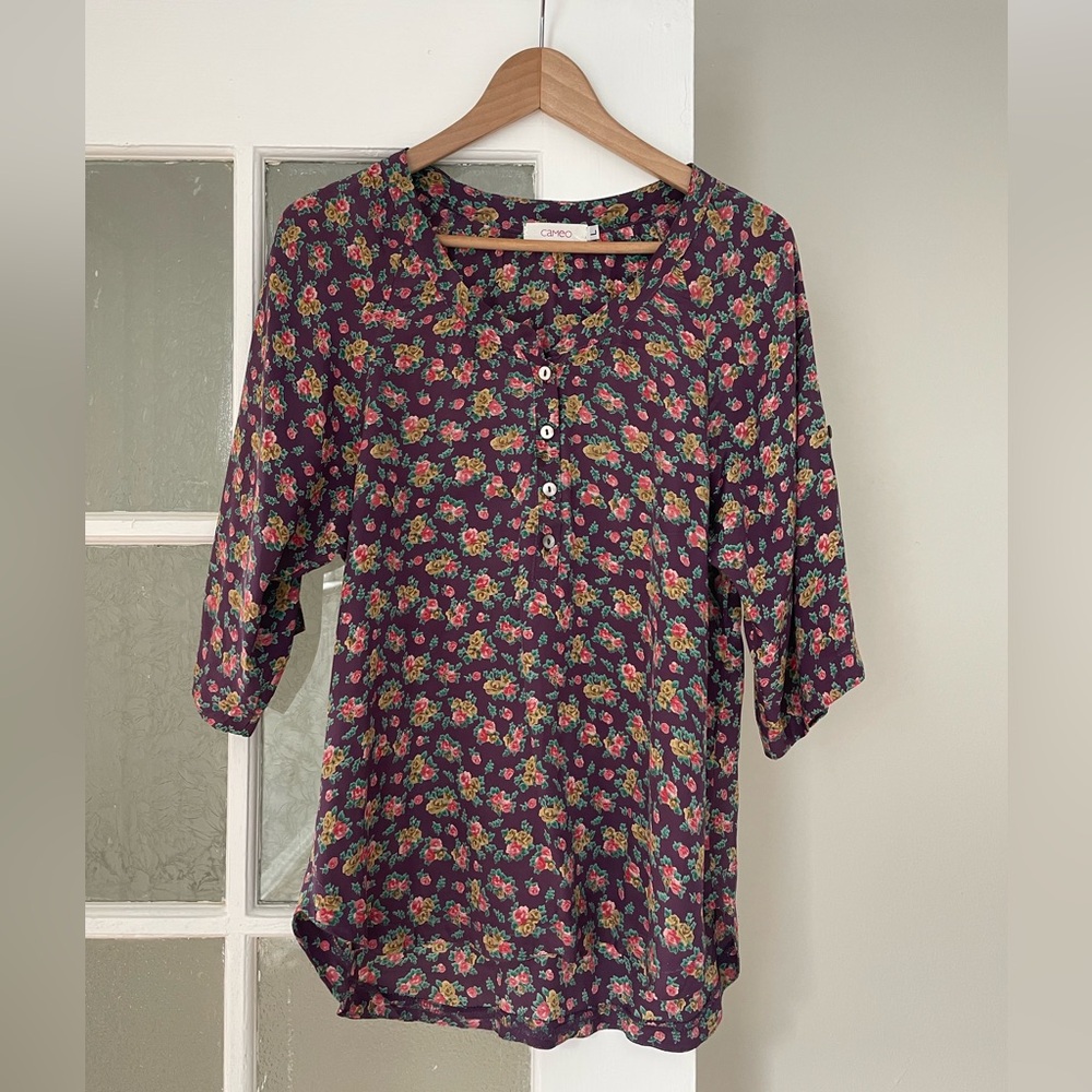 100% silk floral wide sleeve roll tab blouse